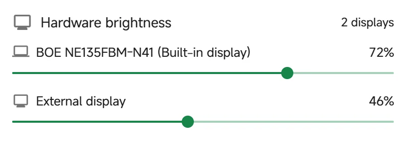 Two example displays with individual brightness sliders in the tray panel