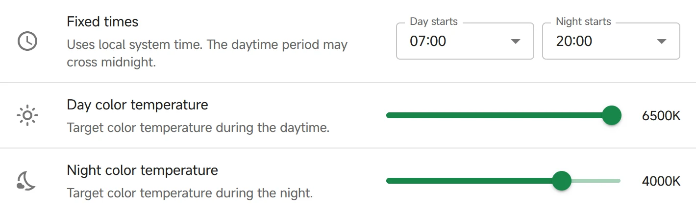 Fixed-time schedule with daytime and nighttime color temperature controls