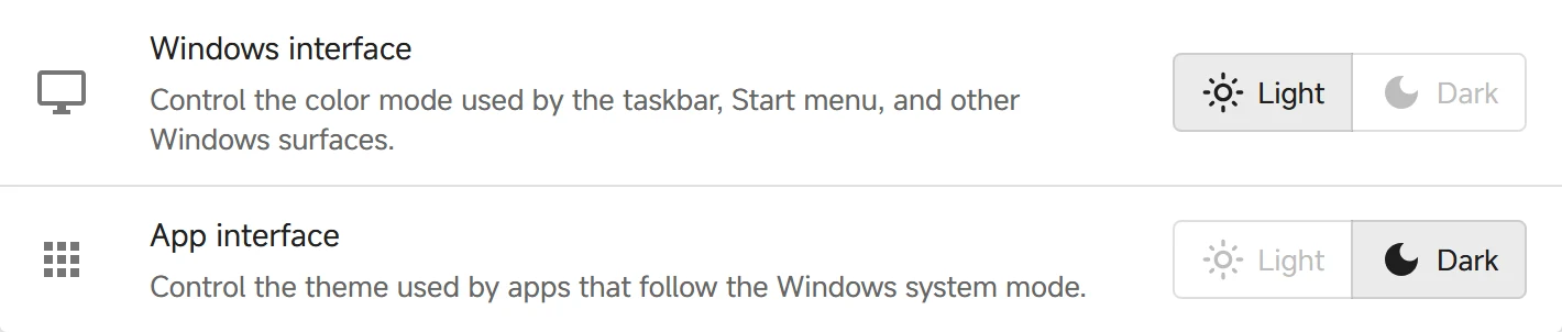 Separate light and dark settings for Windows and apps, with controls disabled in the browser preview